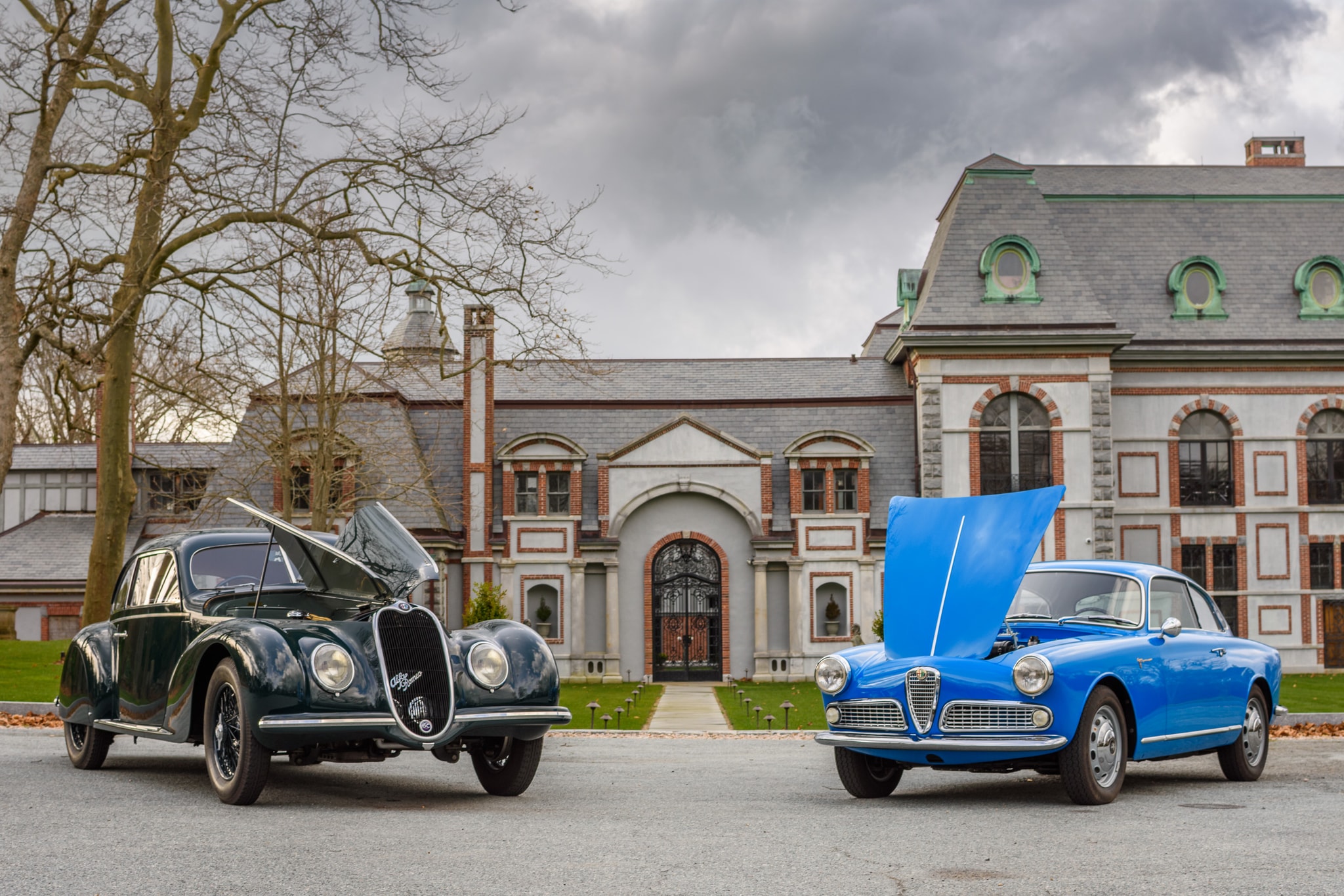 Pre-war Alfa Romeo in front of a Newport Gilded Age mansion — automotive photography by ViardPhotography
